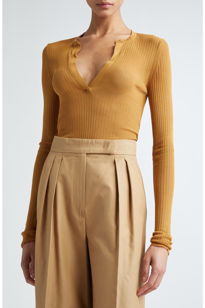 Saggina Split Neck Rib Silk Top, Alternate, color, TOBACCO