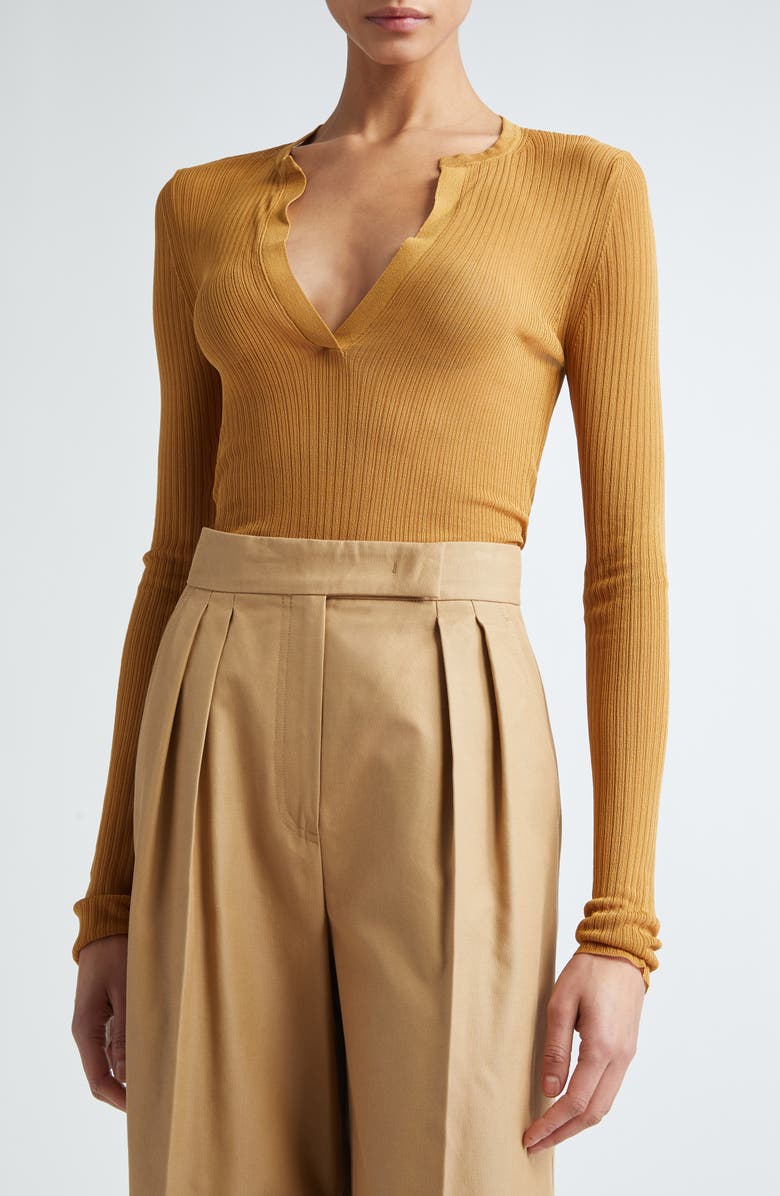 Max Mara Saggina Split Neck Rib Silk Top, Alternate, color, 