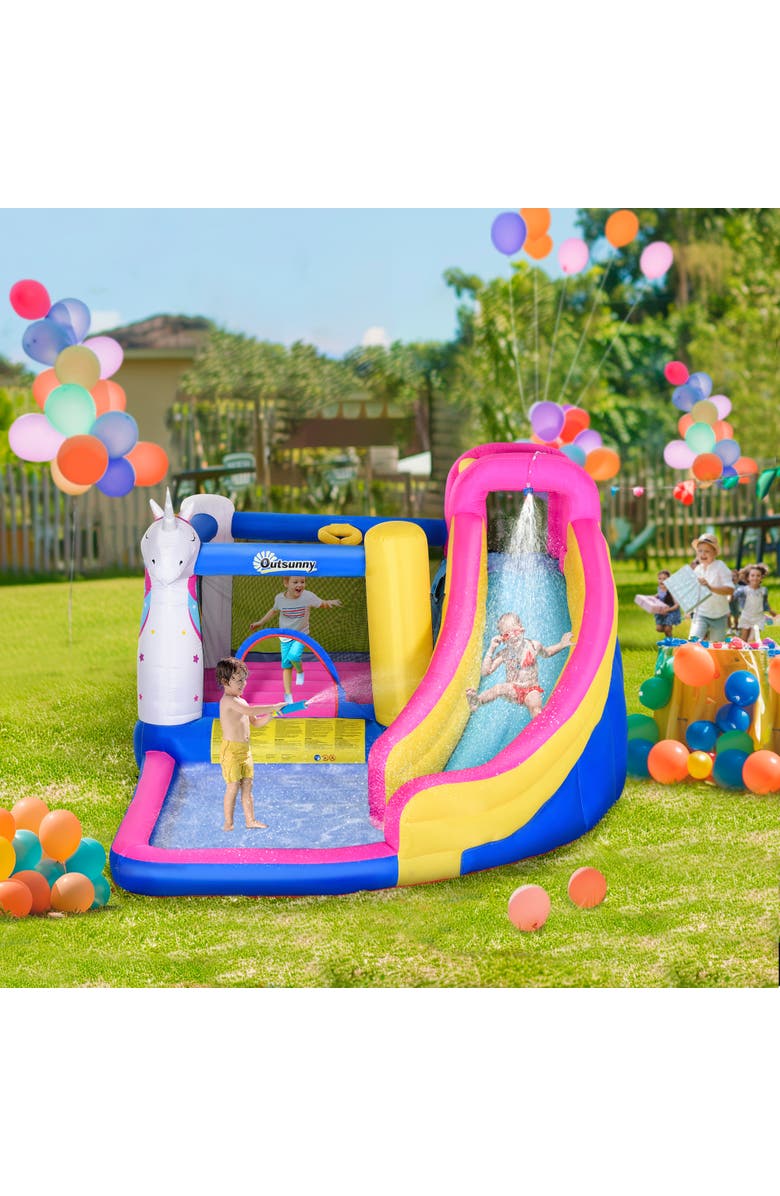 Outsunny 5 in 1 Inflatable Water Slide Park Castle Bounce House Trampoline, Alternate, color, Multi Color