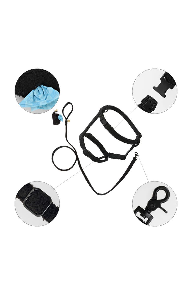 The Licker Store Teddy Bouclé Adjustable H Harness and Leash Walk Set with Poop Bag Pouch, Alternate, color, Black