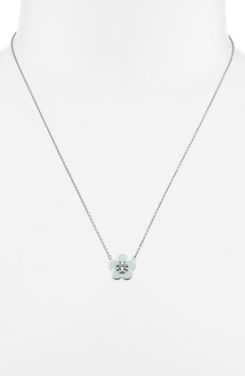 Tory Burch Forget Me Not Enamel Pendant Necklace, Alternate, color, Tory Silver / Light Green