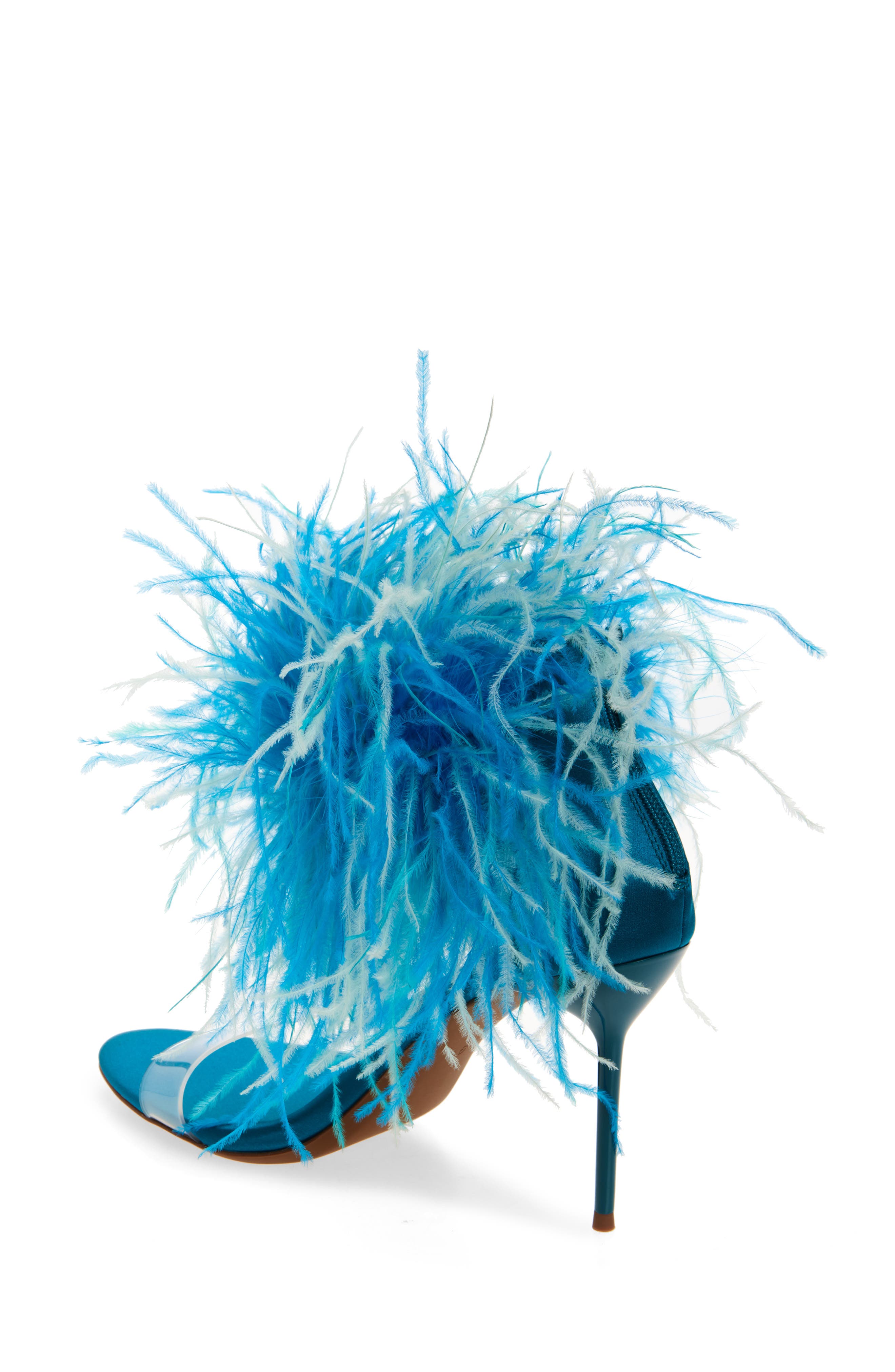 Jeffrey Campbell Bienvenue Feather Ankle Strap Sandal, Alternate, color, Turquoise Satin Combo