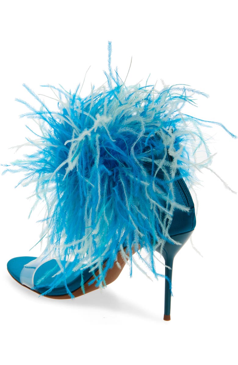Jeffrey Campbell Bienvenue Feather Ankle Strap Sandal, Alternate, color, Turquoise Satin Combo
