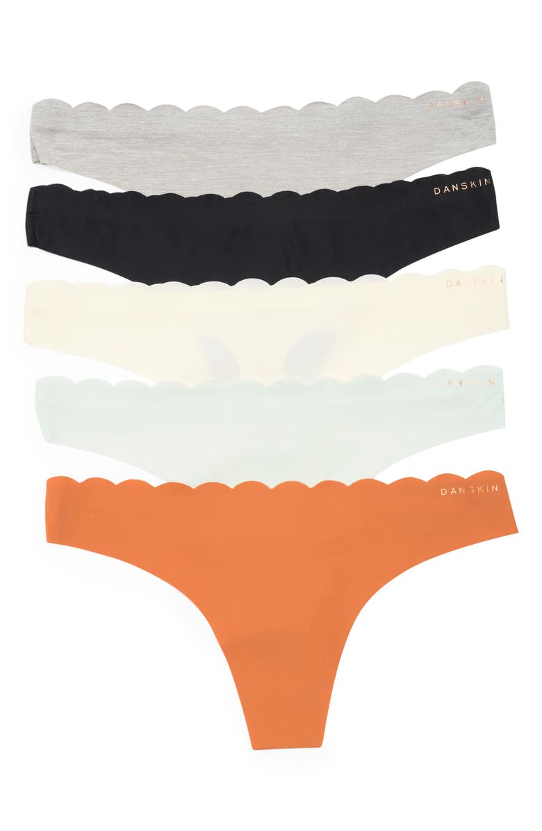 Danskin Assorted 5-Pack Scallop Edge Laser Cut Thongs, Main, color, 