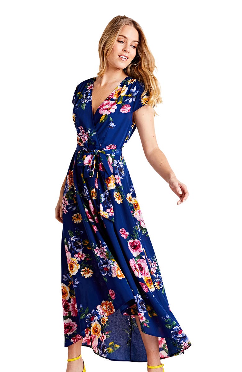 Yumi Floral Print Dipped Hem Wrap Midi Dress, Alternate, color, Navy