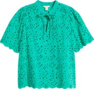 Caslon® Eyelet Split Neck Cotton Top