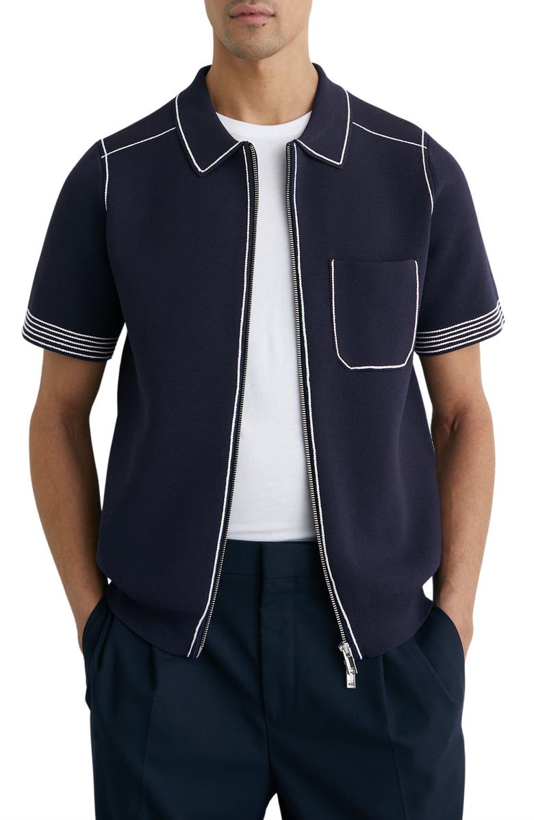Reiss Blake Piped Zip Shirt, Main, color, Navy