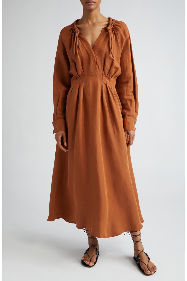 max brown dress Drina Pleated Waist Long Sleeve Linen & Silk Dress (Women)