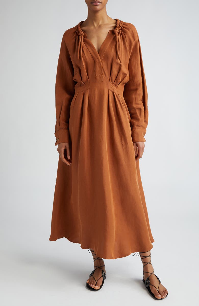 Max Mara Drina Pleated Waist Long Sleeve Linen & Silk Dress, Main, color, Tobacco