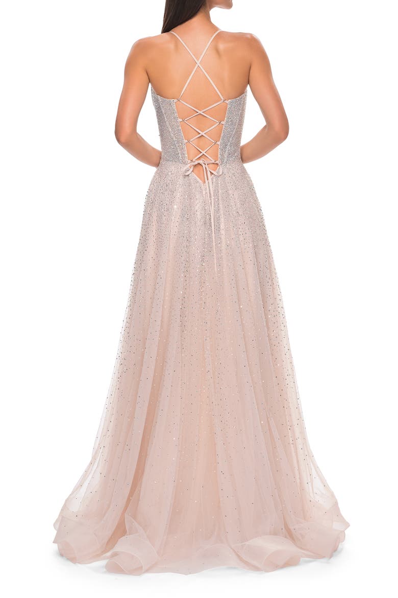 Prom Gown with Rhinestone Tulle and Illusion Corset Bodice, Alternate, color, Blush