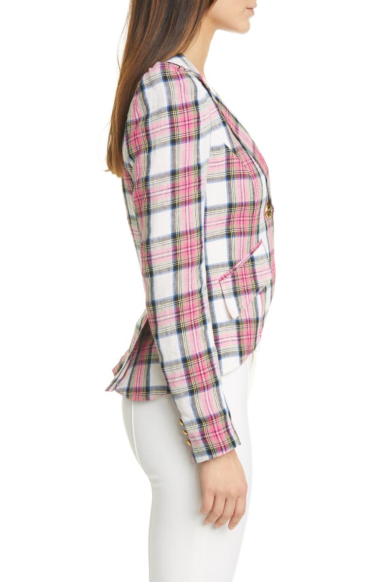 Smythe Plaid Puff Sleeve Linen Blazer, Alternate, color, 