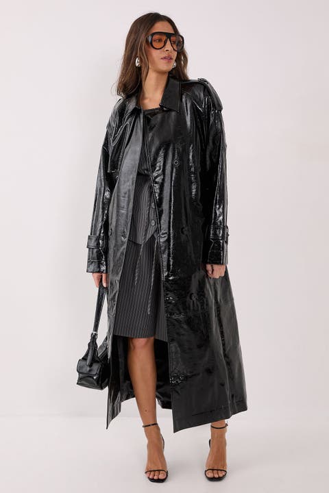 High Shine Faux Leather Trench Coat