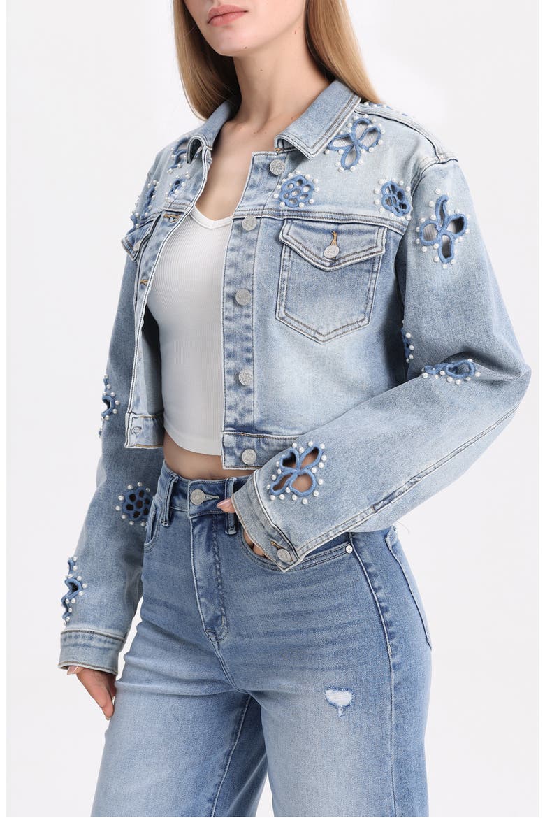 Crop Denim Trucker Jacket, Alternate, color, CELESTE