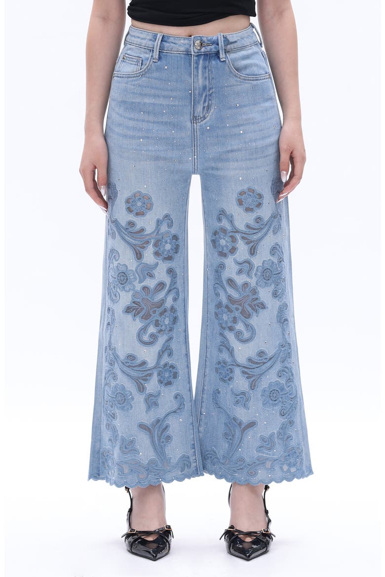 Rhinestone Floral Embroidered High Waist Wide Leg Jeans, Main, color, LIGHT BLUE
