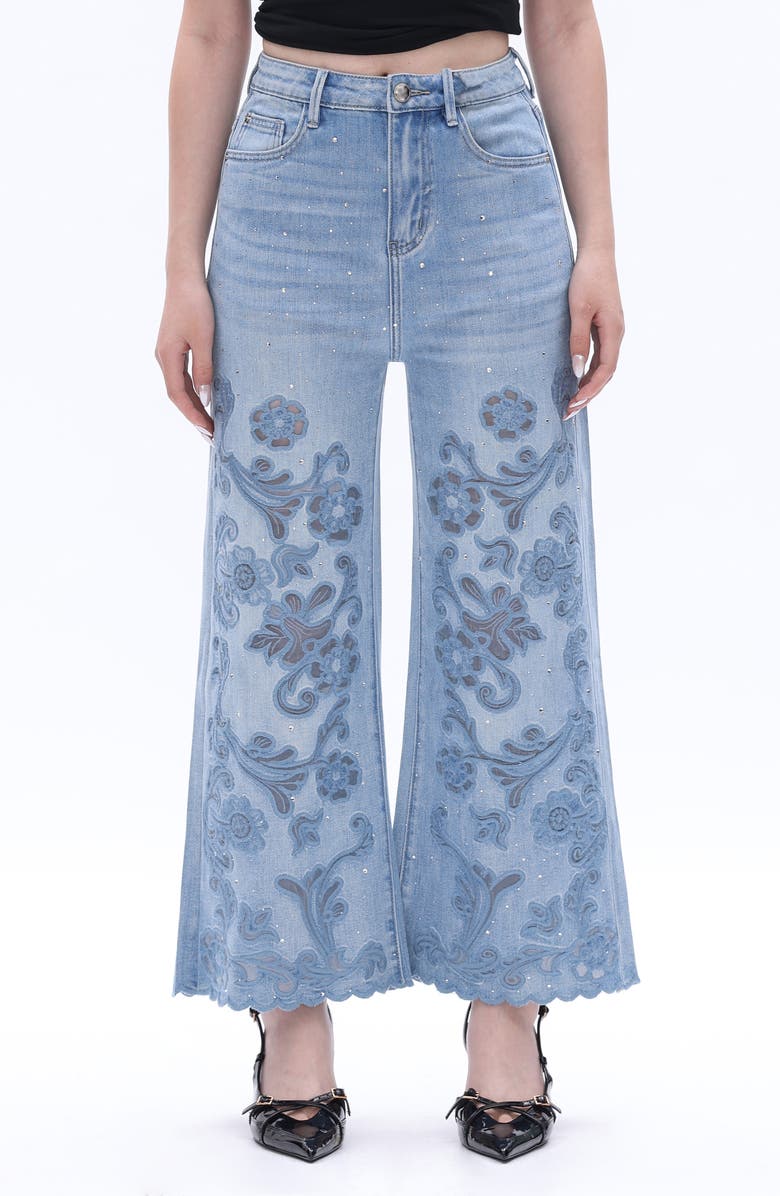 Bayeas Rhinestone Floral Embroidered High Waist Wide Leg Jeans, Main, color, Light Blue
