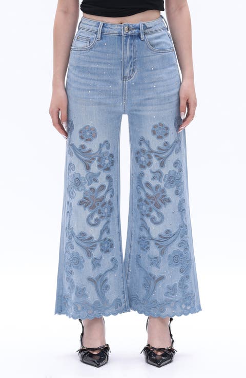 Rhinestone Floral Embroidered High Waist Wide Leg Jeans