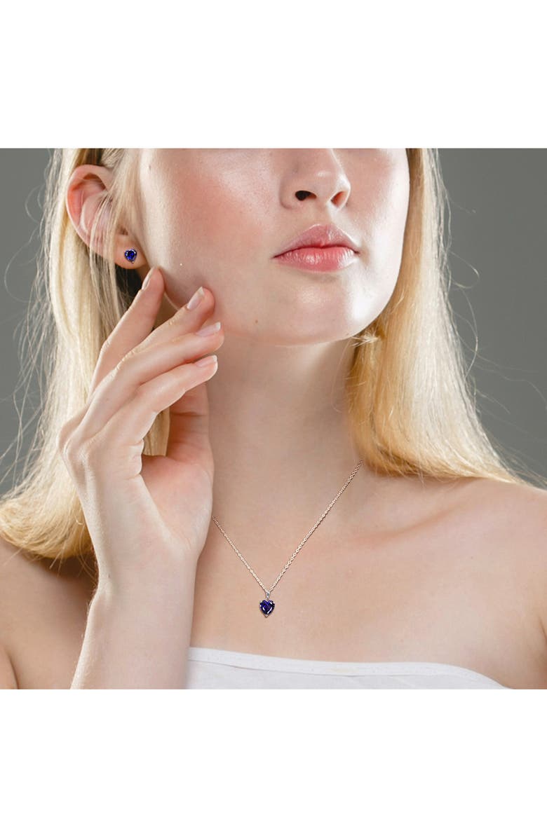 DELMAR Heart Cut Lab Created Sapphire Pendant Necklace & Stud Earrings, Alternate, color, Blue