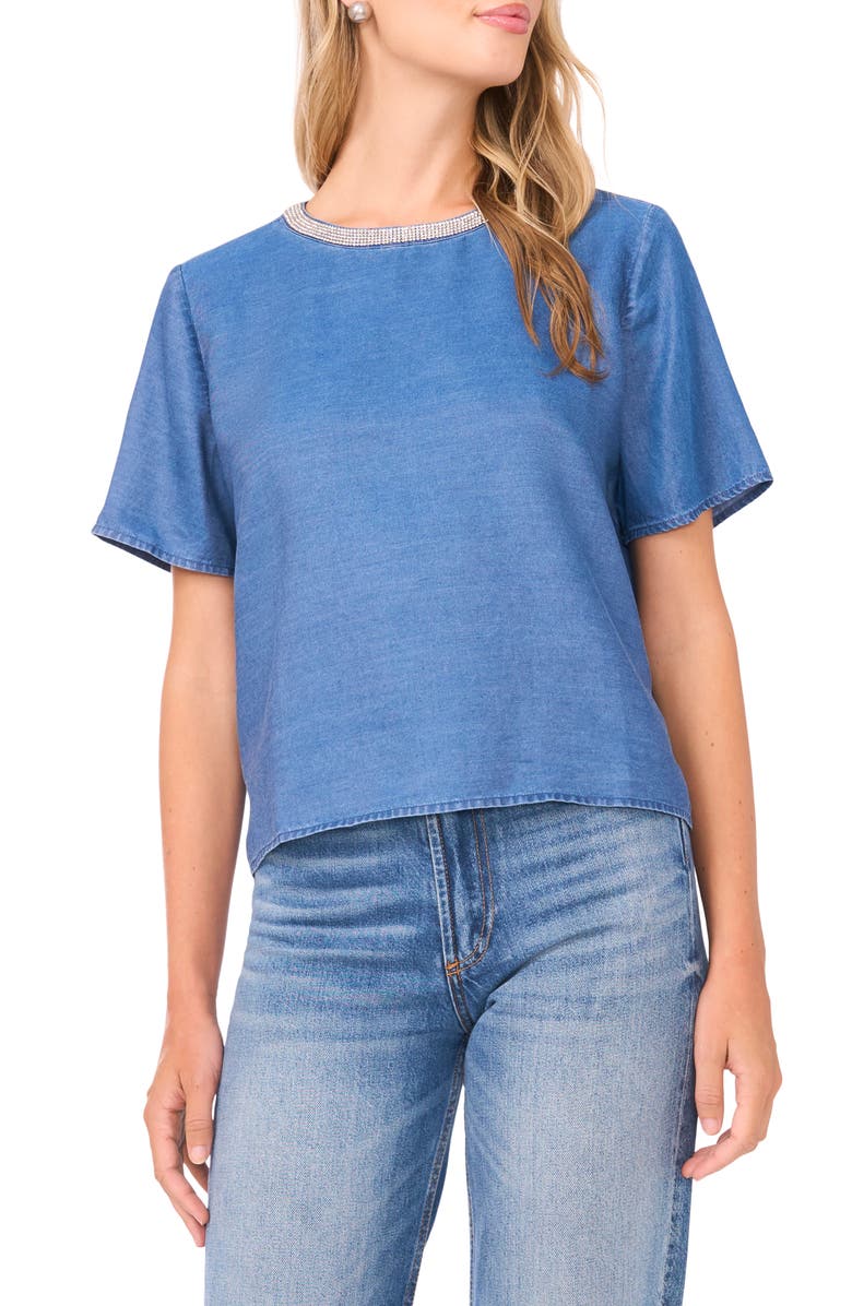 Vince Camuto Bead Detail Chambray Top, Main, color, Chambray Blue