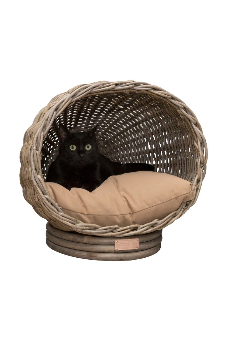 Socket Dome 19.5" x 17" Bohemian Handwoven Rattan Pet Bed with Machine-Washable Cushion, Main, color, Kubu Gray