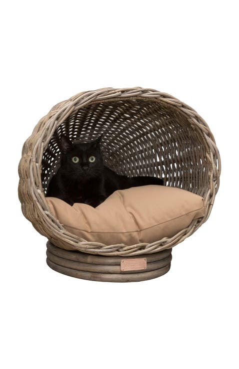 Socket Dome 19.5" x 17" Bohemian Handwoven Rattan Pet Bed with Machine-Washable Cushion