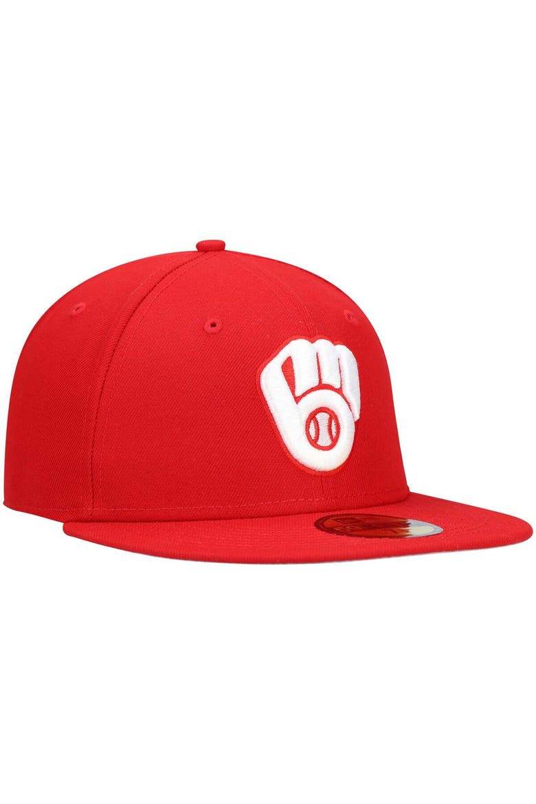 Men's New Era Red Milwaukee Brewers White Logo 59FIFTY Fitted Hat, Alternate, color, Red