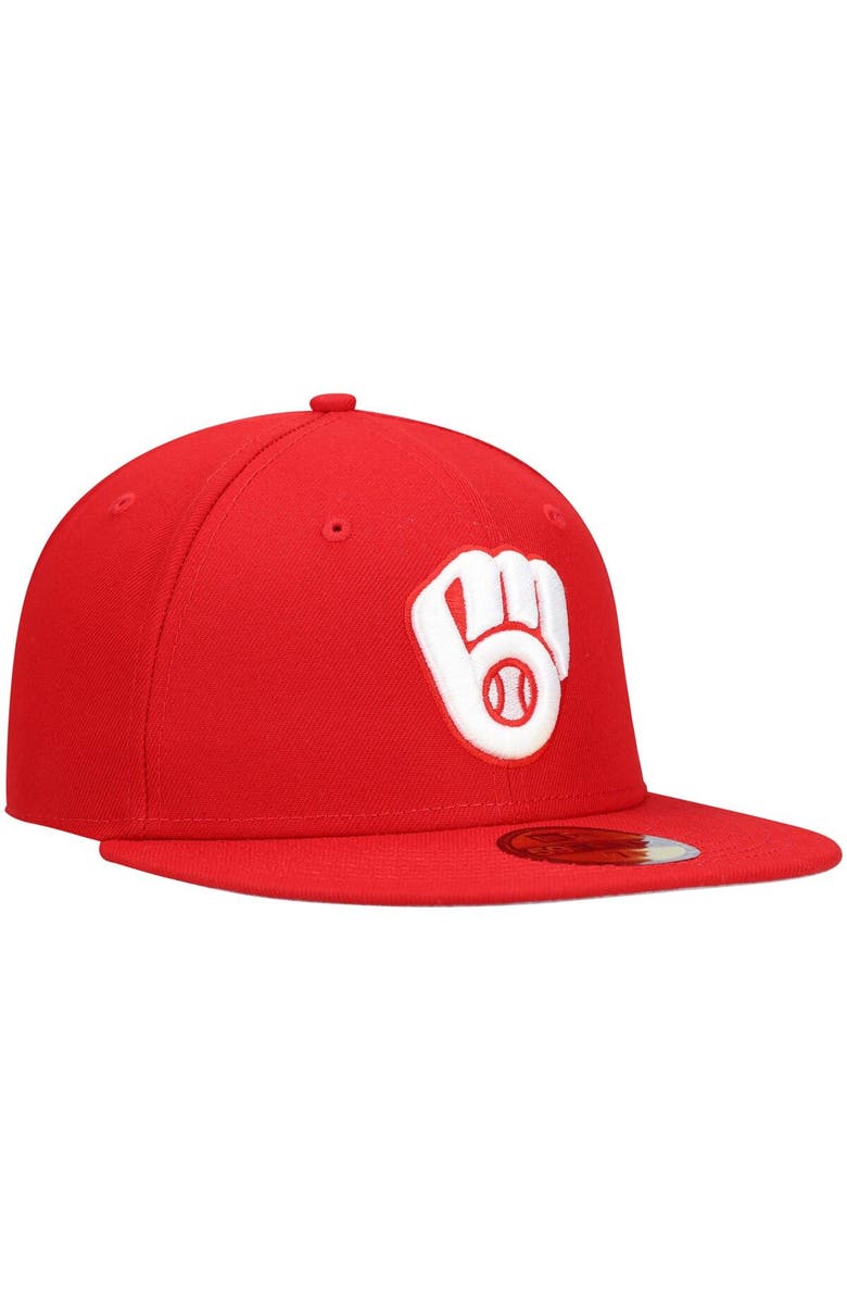 New Era Men's New Era Red Milwaukee Brewers White Logo 59FIFTY Fitted Hat, Alternate, color, Red