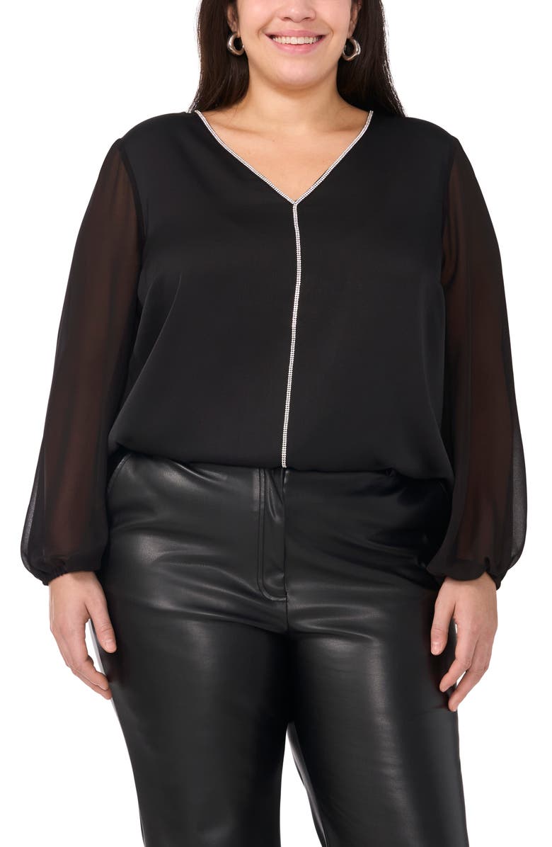Vince Camuto Crystal Detail Long Sleeve Hammered Satin & Chiffon Top, Main, color, 