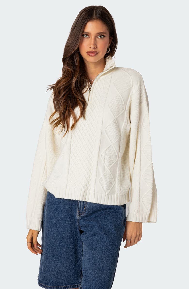 EDIKTED Oversize Cable Stitch Quarter Zip Pullover, Alternate, color, 