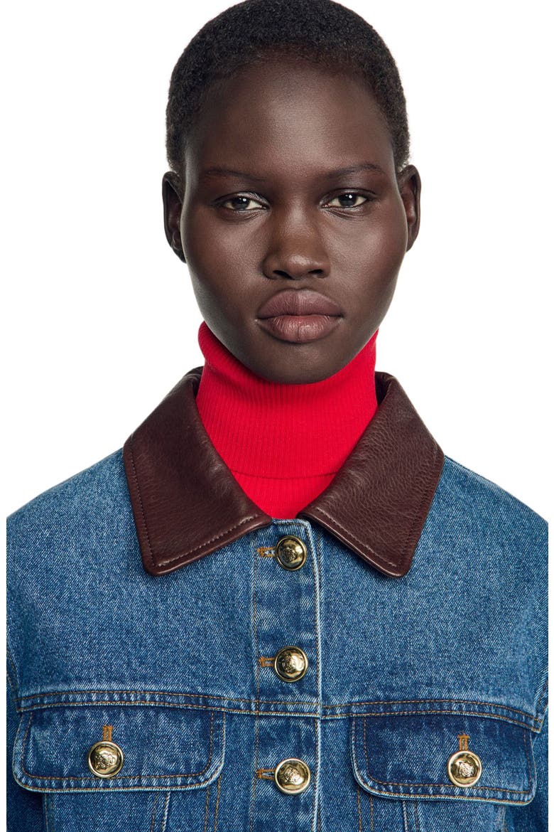 Denim jacket with leather collar, Alternate, color, Blue jean