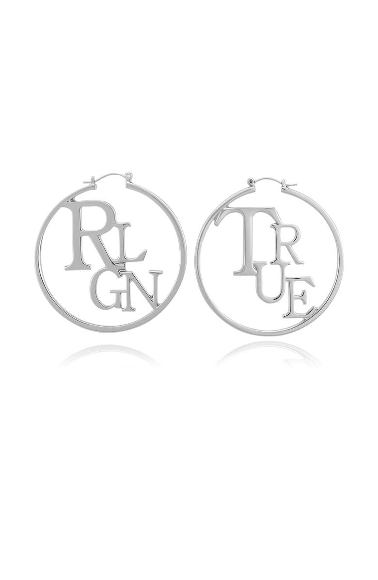 True Religion TrueRLGN Logo Hoop Earrings, Alternate, color, Silver Tone