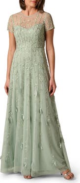 Adrianna Papell 3D Floral Beaded A-Line Gown