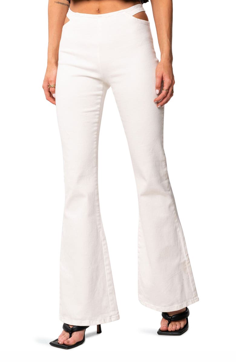 EDIKTED Kira Cutout High Waist Flare Jeans, Main, color, 