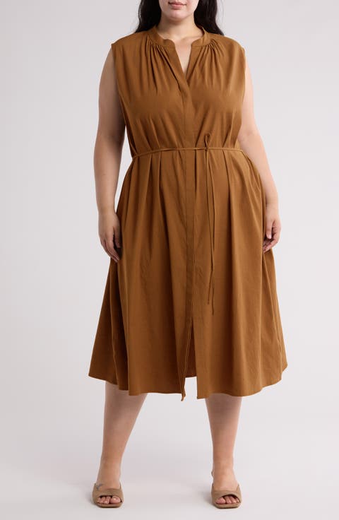 Sleeveless Linen Blend Midi Dress (Plus)