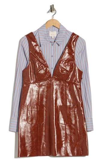 Cinq À Sept Tade Faux Leather Pinafore Shirtdress In Brown