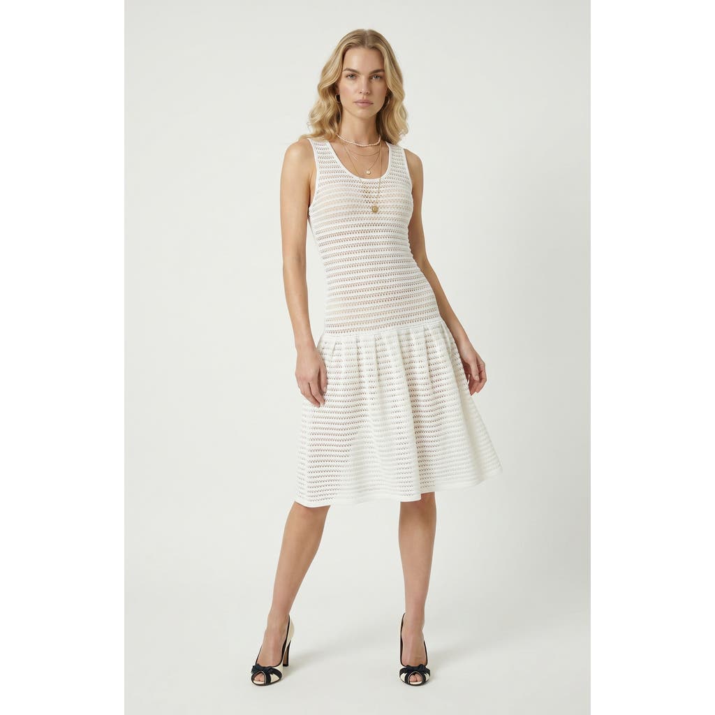 Modenaire Sleeveless Eyelet Pattern Flared Hem Knit Dress In White