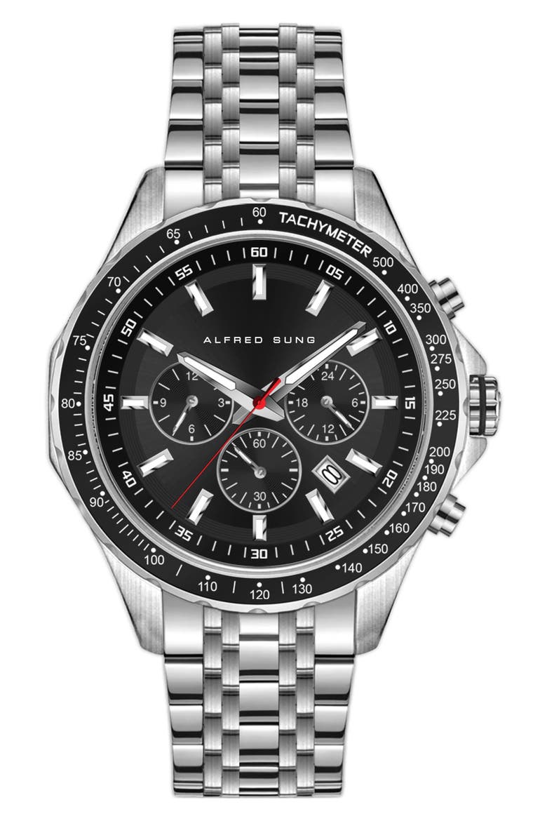 Chronograph I Bracelet Strap Watch, 46mm, Main, color, SILVER BRACELET/BLACK DIAL
