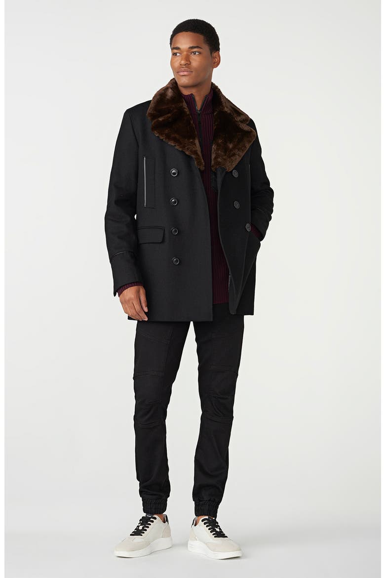 Wool Blend Peacoat with Faux Fur Collar, Alternate, color, BLACK/ BROWN