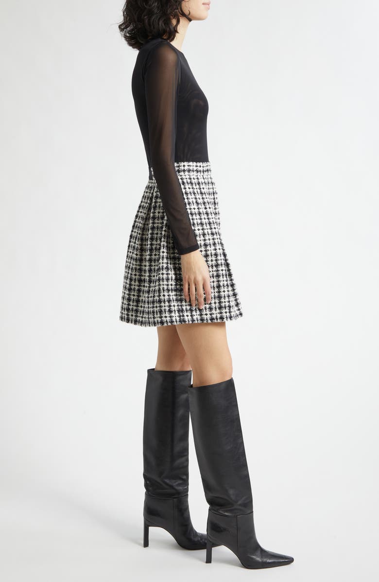 Alice + Olivia Chara Long Sleeve Mixed Media Party Dress, Alternate, color, Black/ Off White