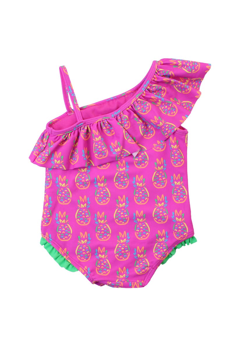 Girls UPF50+ Sun Protection One Shoulder Ruffle One Piece, Alternate, color, Neon Violet Pineapples