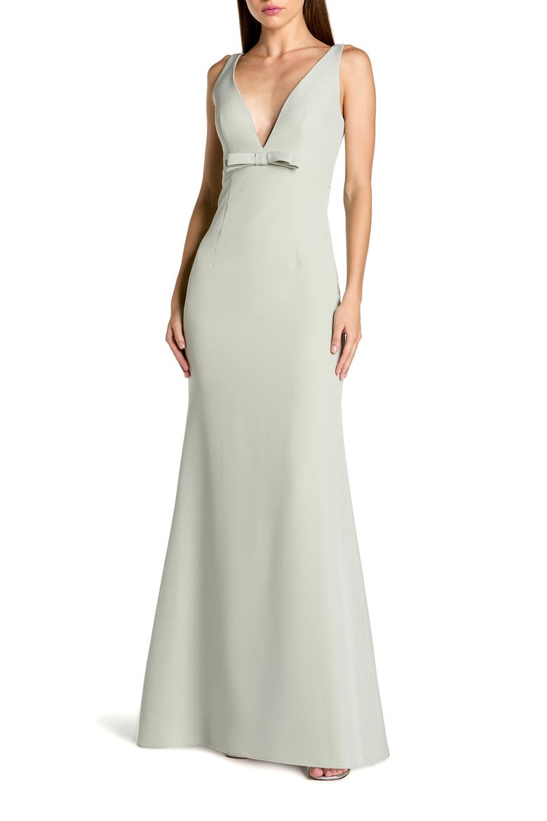 Petite Crepe Sleeveless V Neck Sheath Gown With Bow, Main, color, Sage