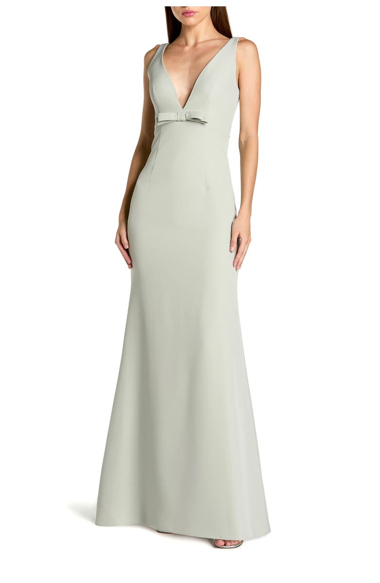 Mac Duggal Petite Crepe Sleeveless V Neck Sheath Gown With Bow, Main, color, Sage