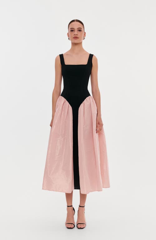 Milla Black Corset Dress On Straps With A Glossy Pink Midi Skirt In Pink