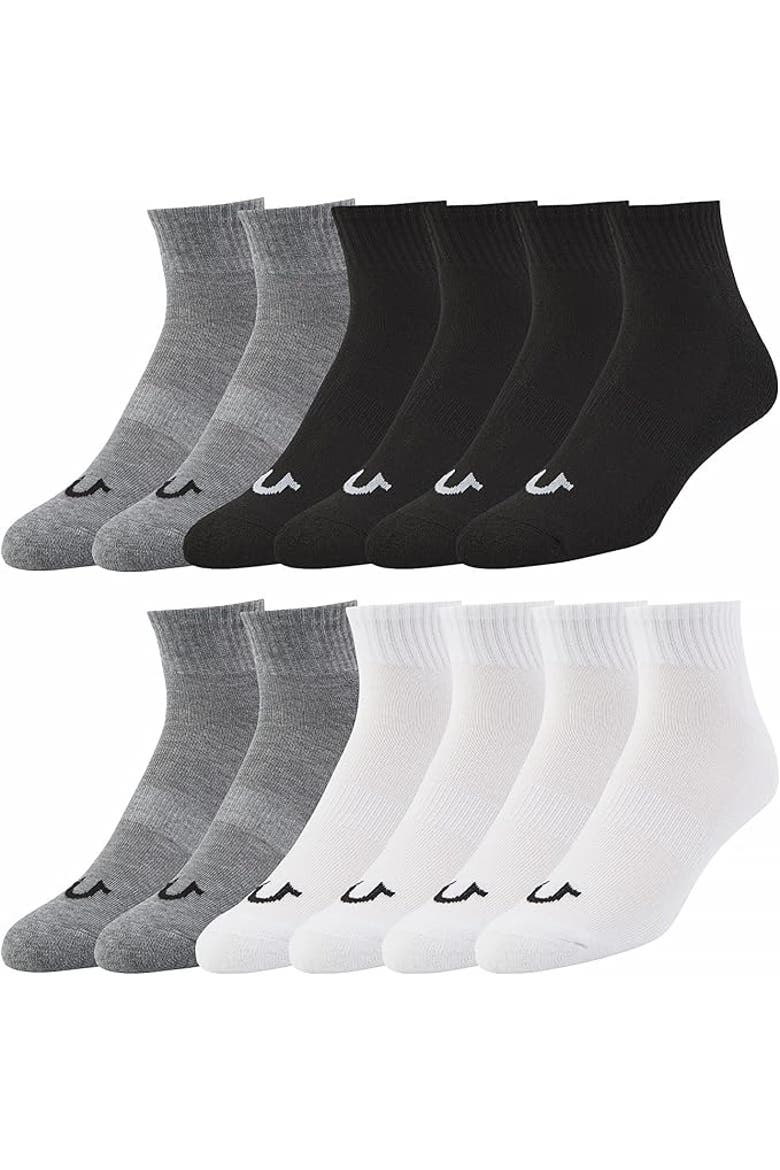 12 Pairs Quarter Premium Athletic Ankle Socks, Main, color, Grey/Black/White