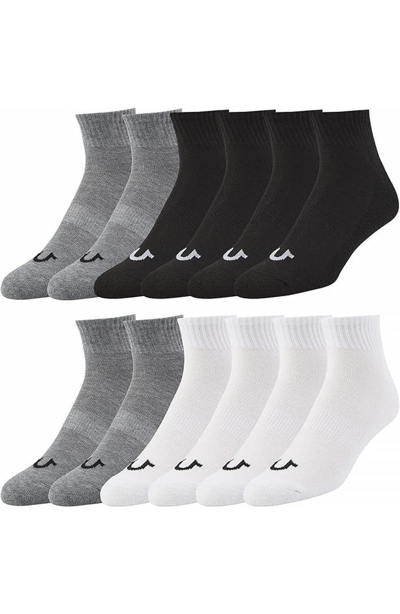 True Religion 12 Pairs Quarter Premium Athletic Ankle Socks, Main, color, Grey/Black/White