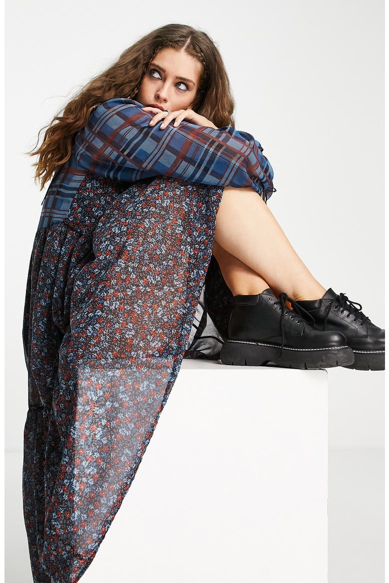 Long Sleeve Plaid & Floral Dress, Alternate, color, BLUE