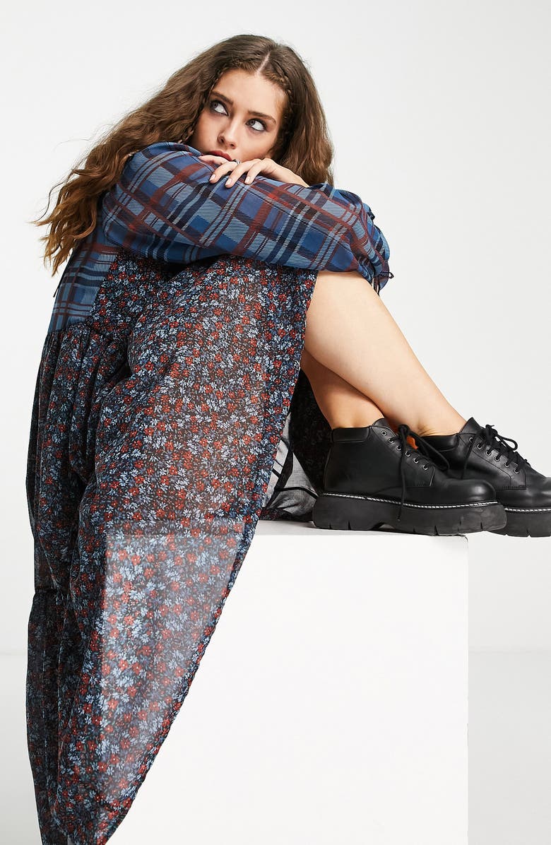 Topshop Long Sleeve Plaid & Floral Dress, Alternate, color, 