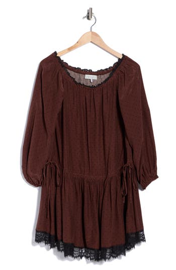 Wayf Off The Shoulder Minidress In Brown Polka Dot