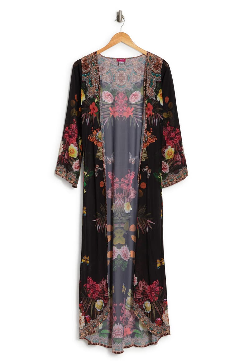 Floral Print Cover-Up Long Duster, Alternate, color, BLACK