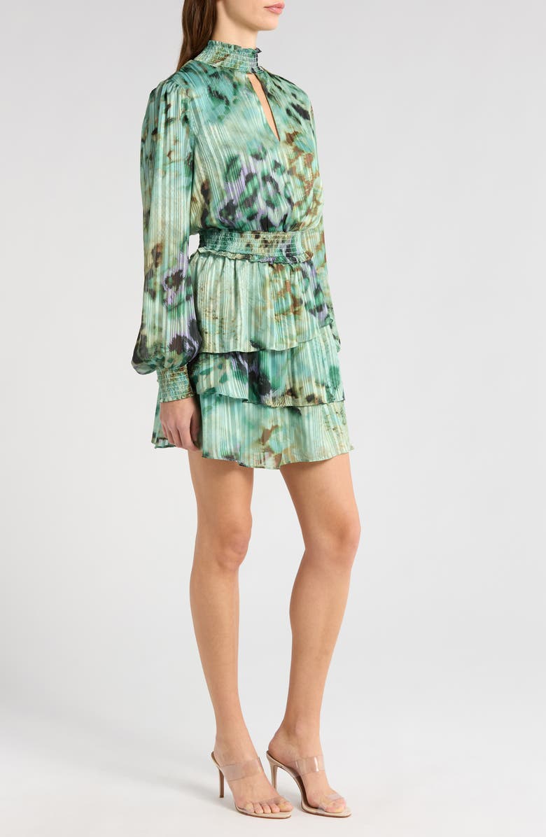 Socialite Print Metallic Smocked Long Sleeve Minidress, Alternate, color,