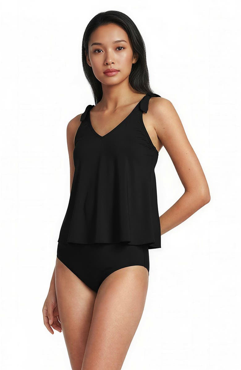 Lands' End Chlorine Resistant V-neck Shoulder Tie Flutter Tankini Swimsuit Top, Alternate, color, Black